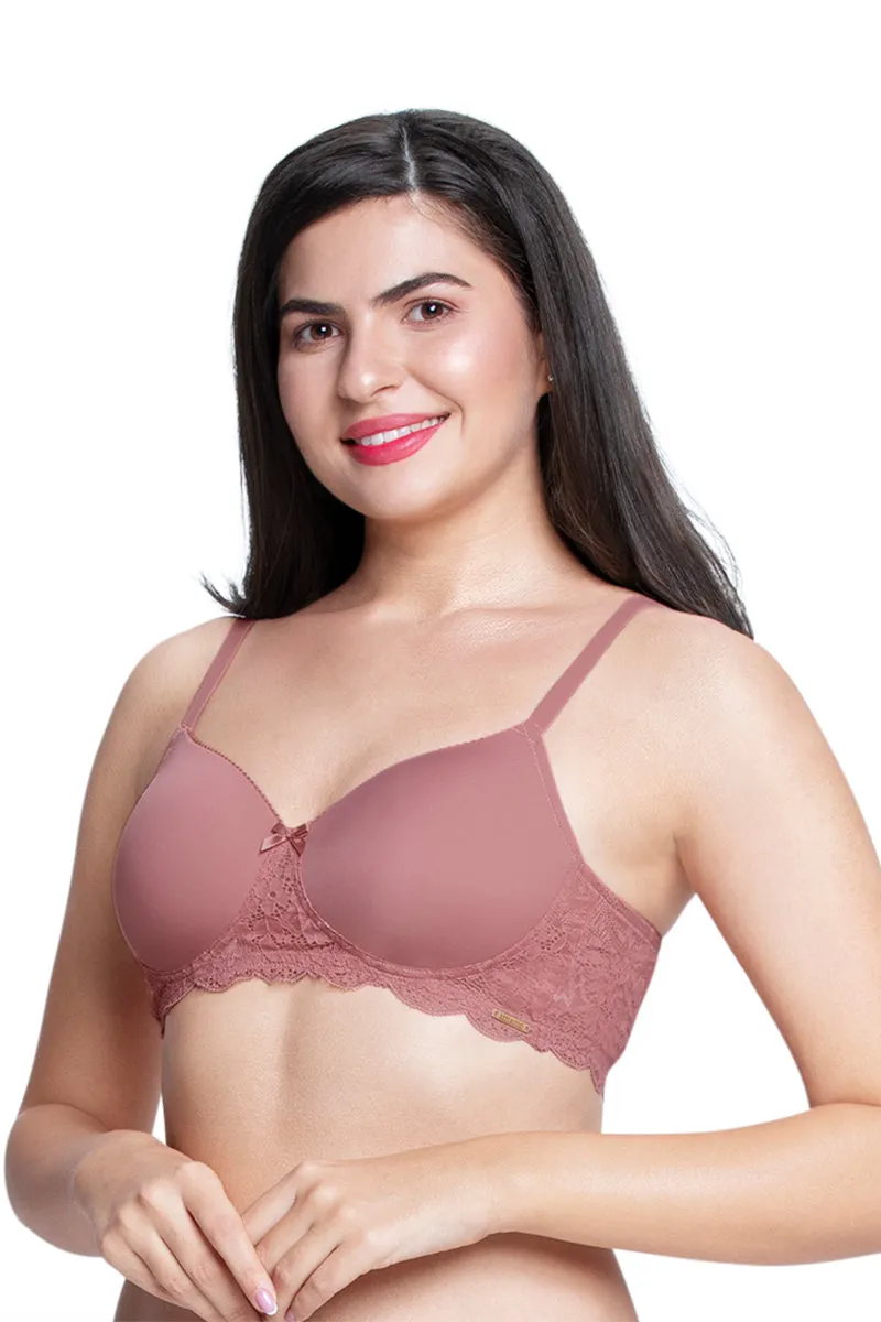 Lace Elegance Solid Padded Non-Wired Bra - Dusty Rose