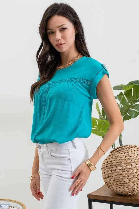 Lace Trim Roll Tab Sleeve Blouse