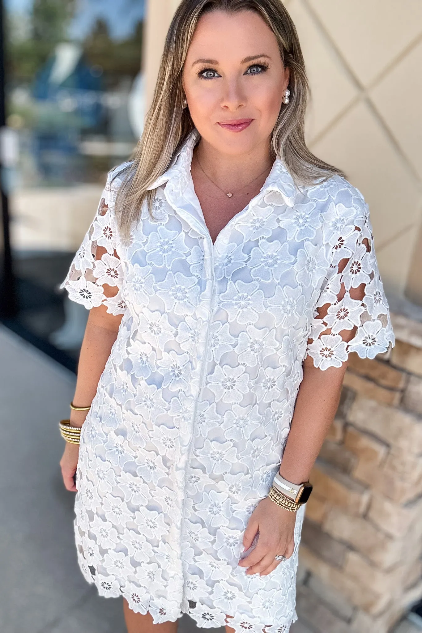 Lovely Lace Button Front Dress - White