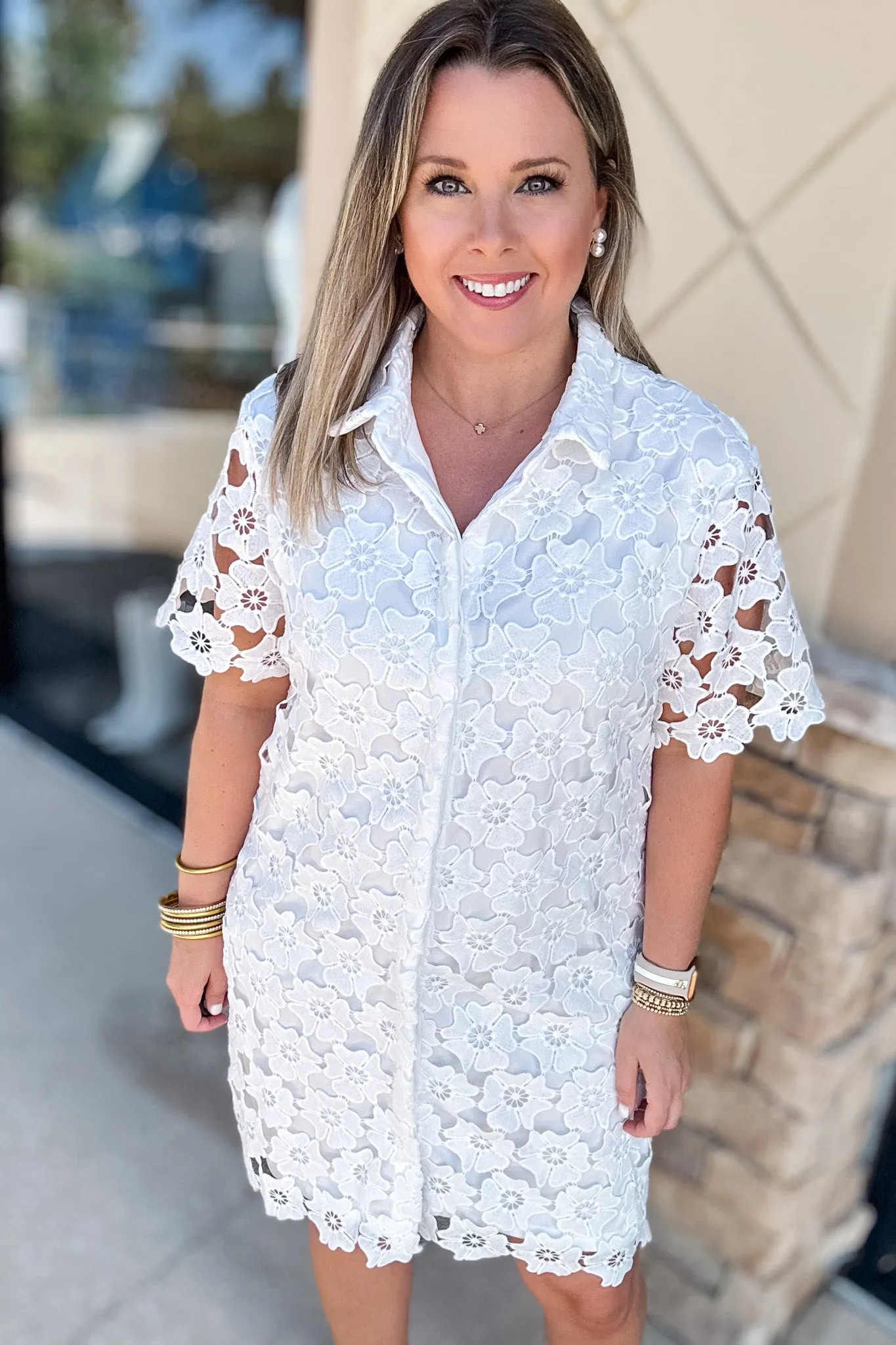 Lovely Lace Button Front Dress - White