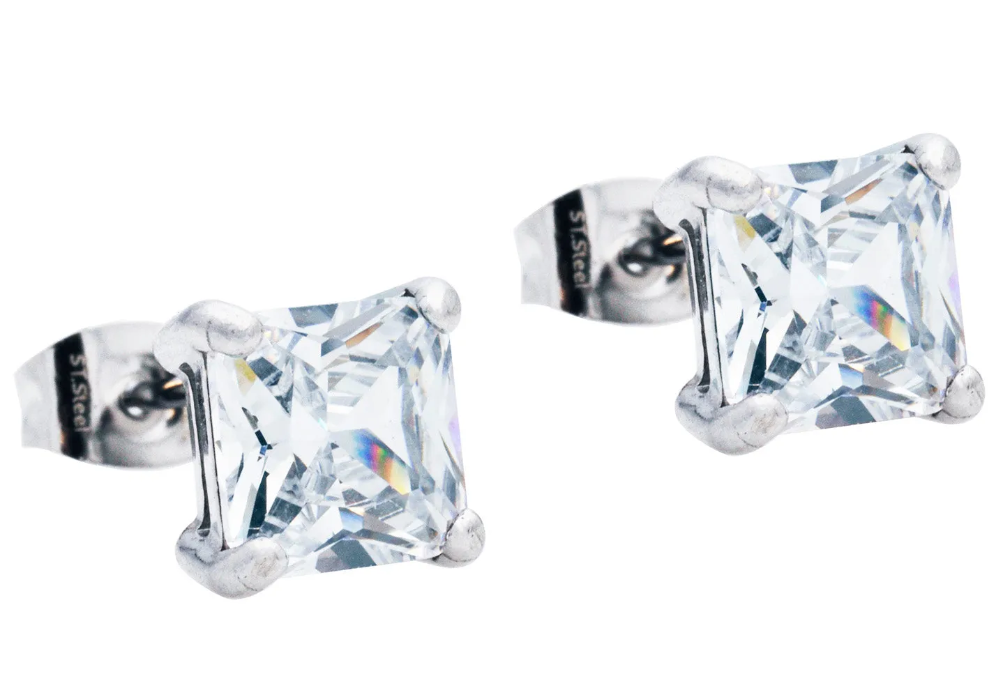 Mens 7mm Cubic Zirconia Stainless Steel Square Stud Earrings