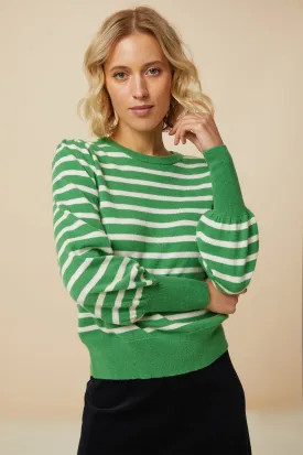 Merino Wool Striped Crew Neck Jumper | Green/Cream