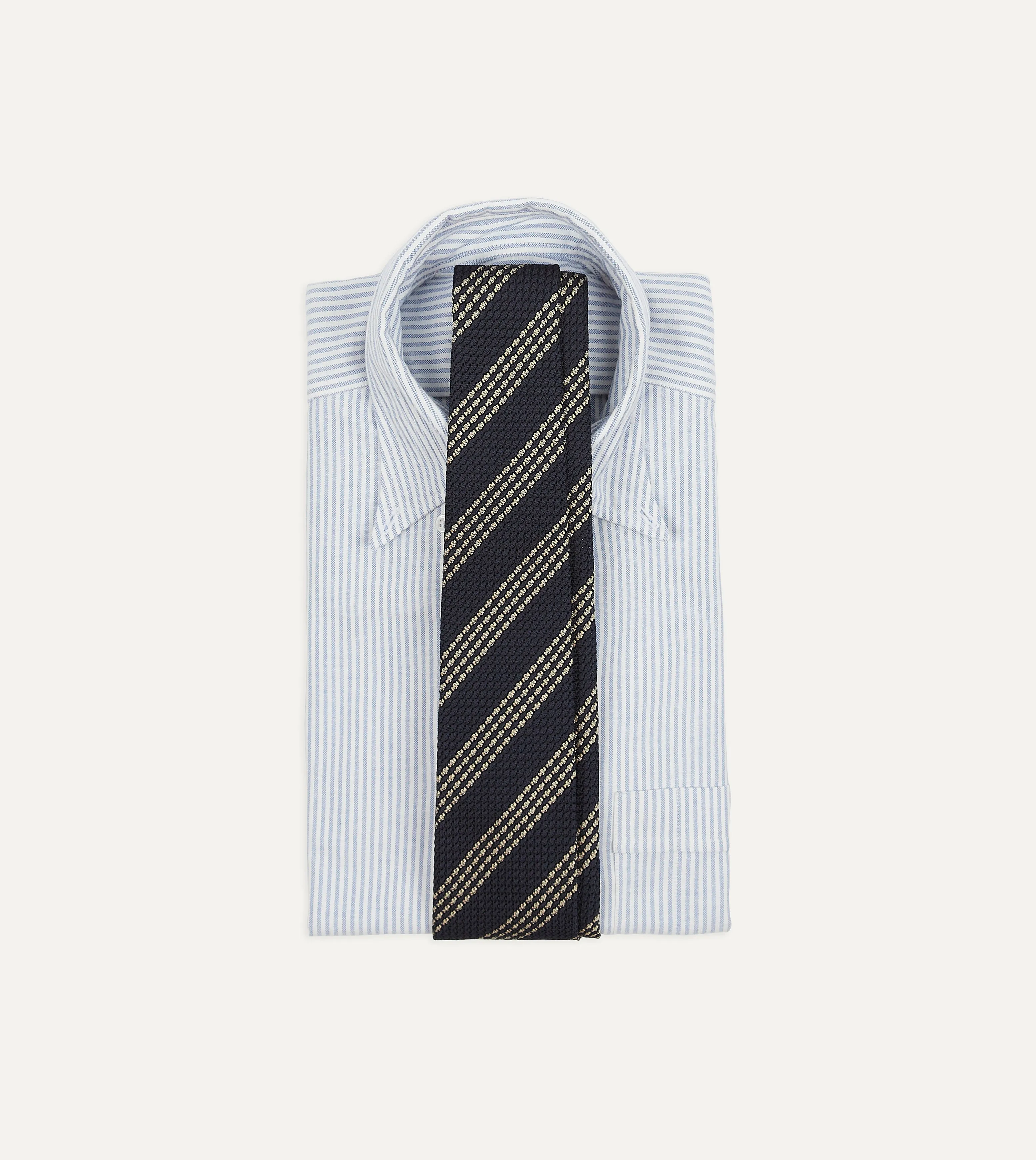 Navy and Silver Stripe Hand Rolled Large Knot Grenadine Tie