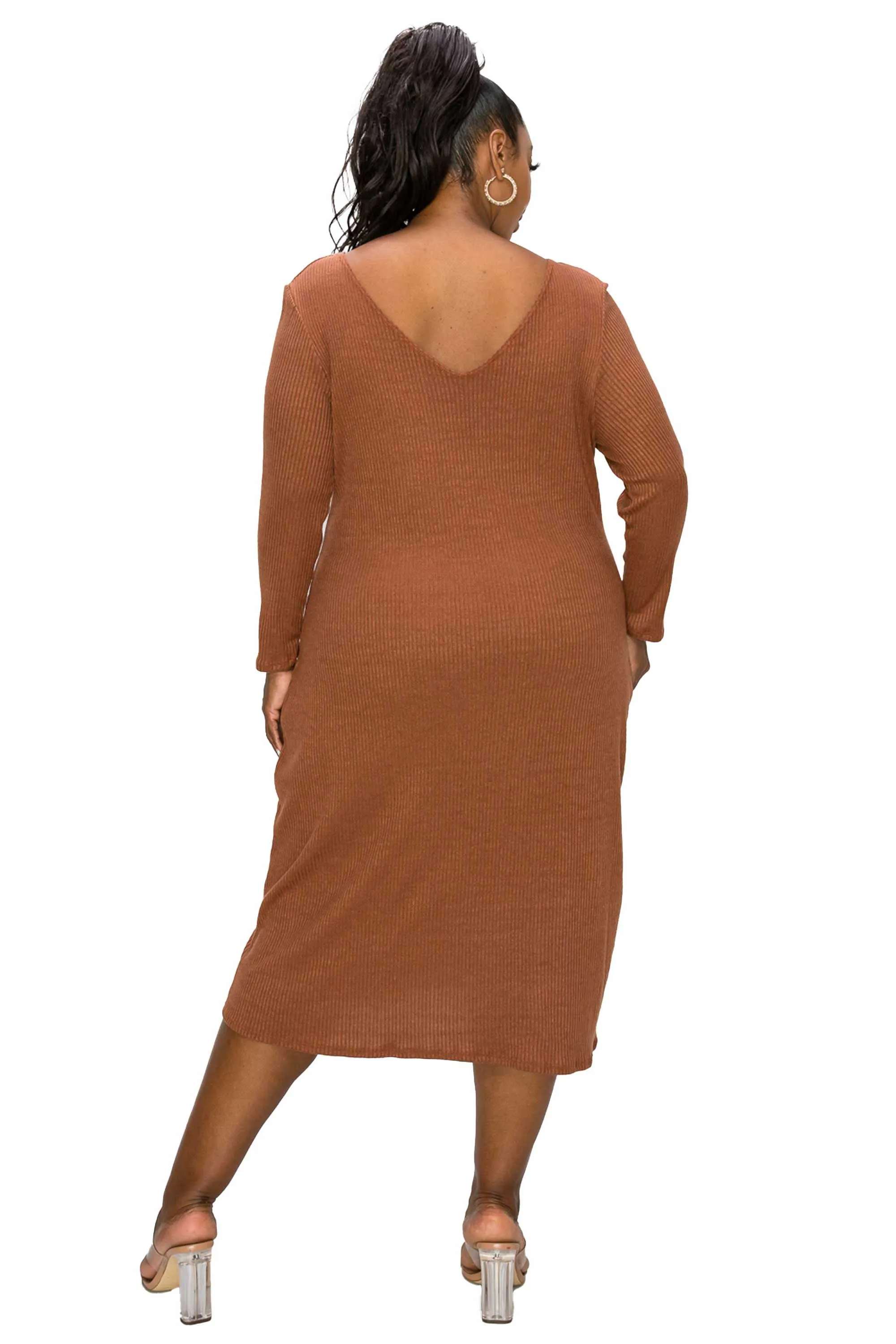 Plunge Neck Vegan Cashmere Rib Midi Dress