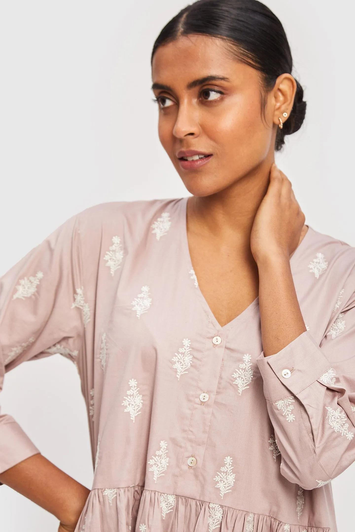 Poplin Gathered Embroidered Pink Dress