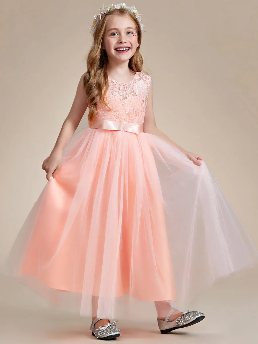 Princess Bow Sleeveless Lace Tulle Flower Girl Dresses