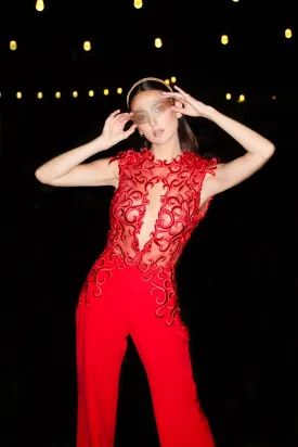 Red embroidery Medusa Jumpsuit