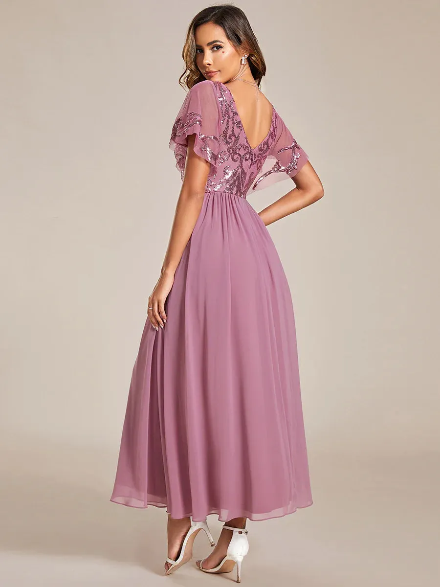 Short Ruffles Sleeves V Neck Mother of the Bride Dresses