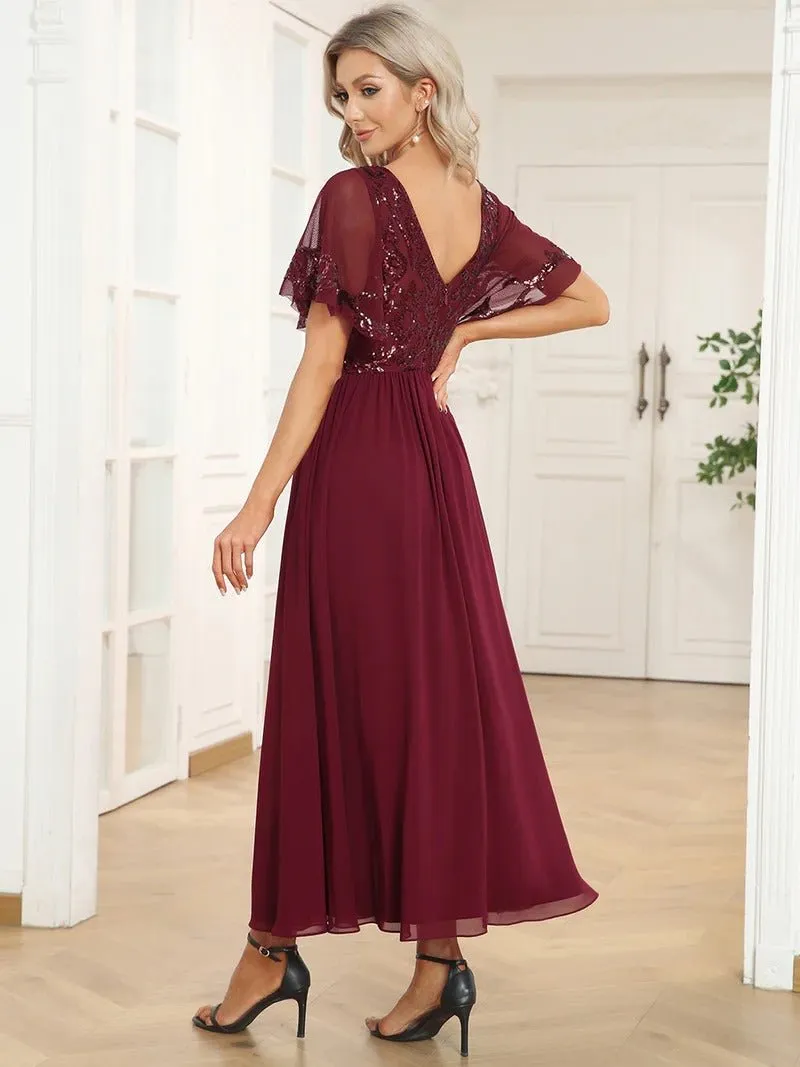 Short Ruffles Sleeves V Neck Mother of the Bride Dresses