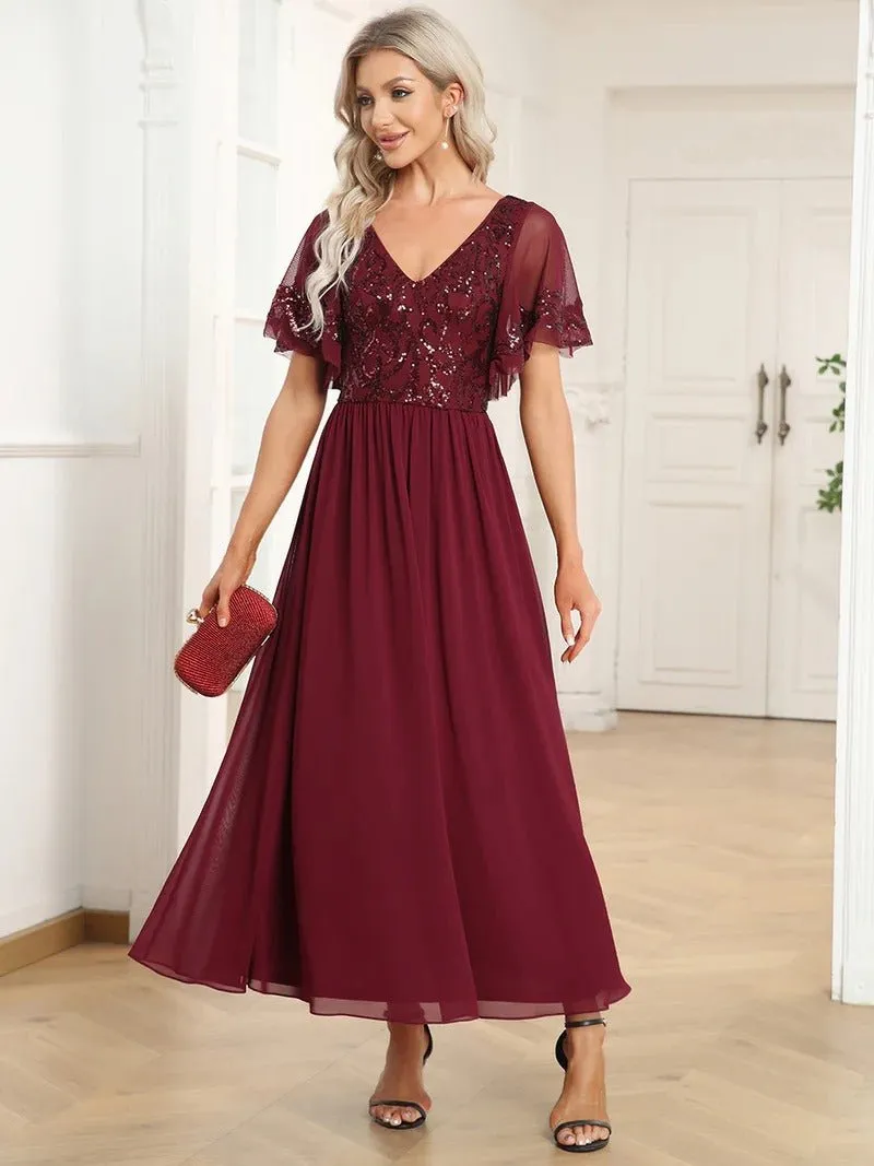 Short Ruffles Sleeves V Neck Mother of the Bride Dresses