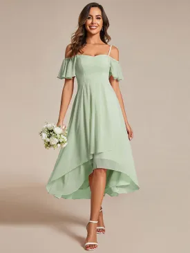 Spaghetti Strap Cold Shoulder Chiffon A-Line Midi Wedding Guest Dress