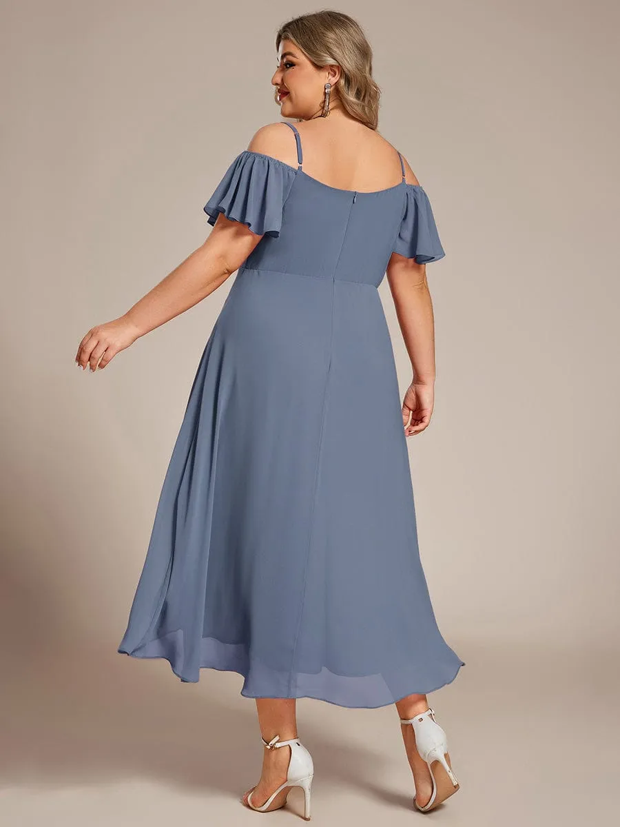 Spaghetti Strap Cold Shoulder Chiffon A-Line Midi Wedding Guest Dress