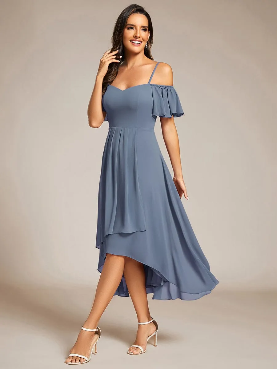 Spaghetti Strap Cold Shoulder Chiffon A-Line Midi Wedding Guest Dress