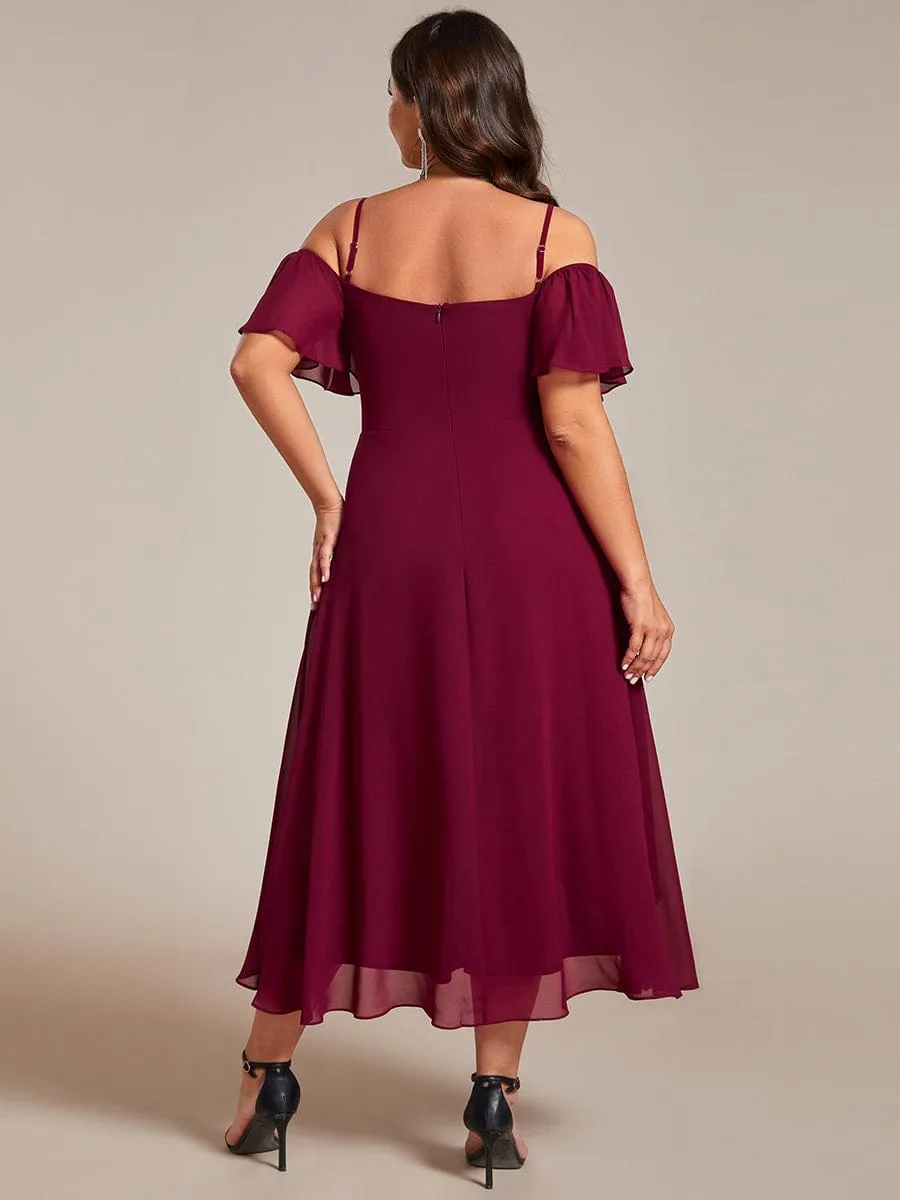 Spaghetti Strap Cold Shoulder Chiffon A-Line Midi Wedding Guest Dress