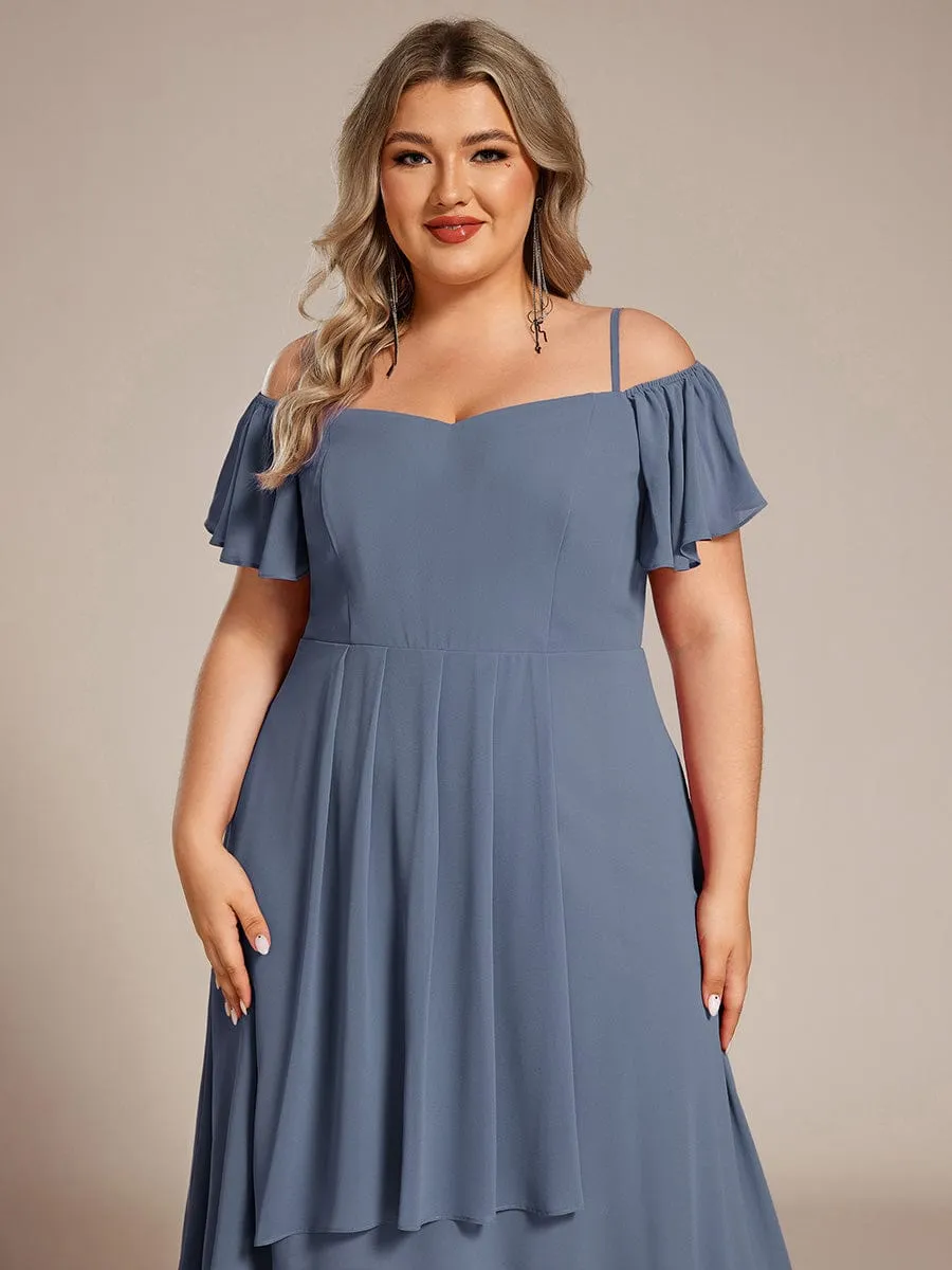 Spaghetti Strap Cold Shoulder Chiffon A-Line Midi Wedding Guest Dress