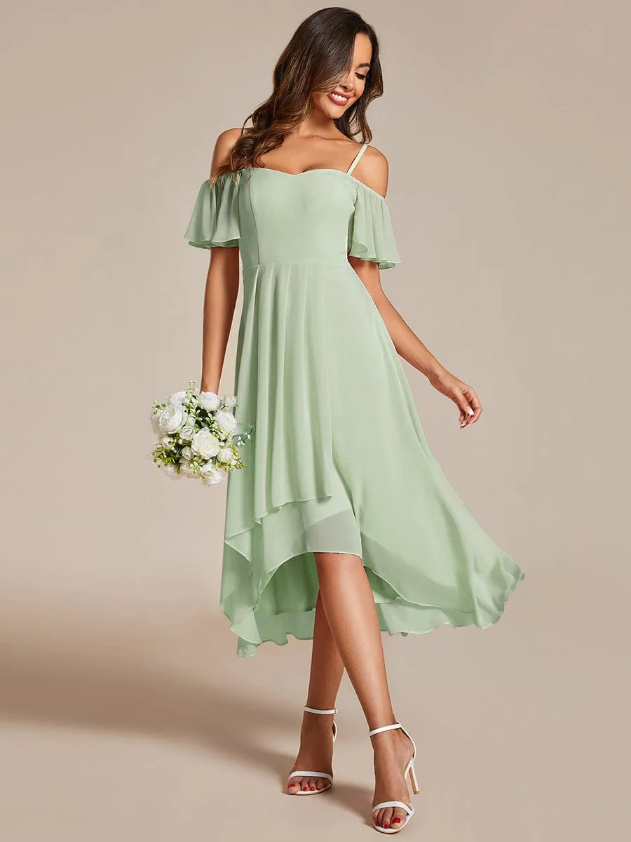 Spaghetti Strap Cold Shoulder Chiffon A-Line Midi Wedding Guest Dress