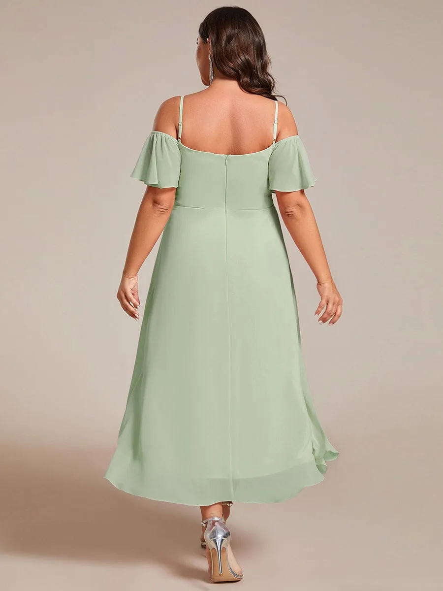 Spaghetti Strap Cold Shoulder Chiffon A-Line Midi Wedding Guest Dress