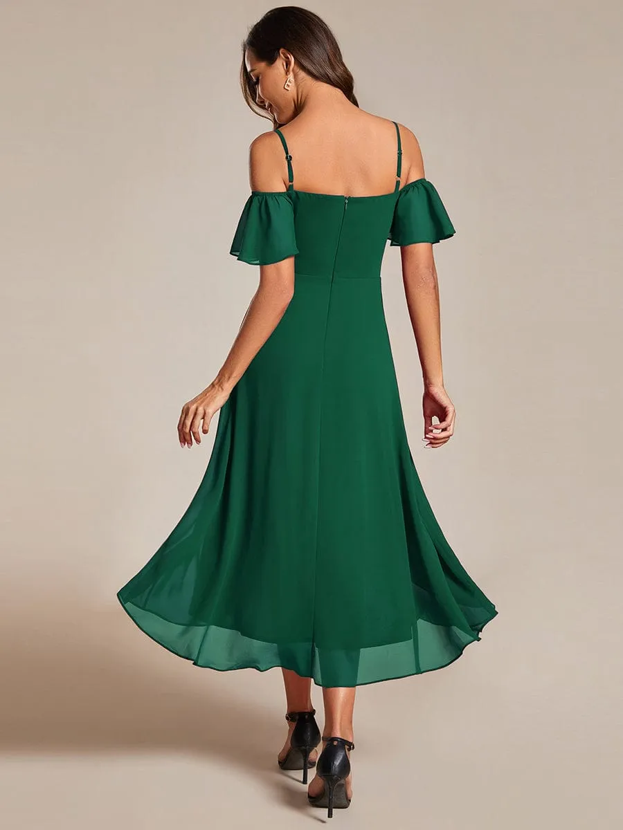 Spaghetti Strap Cold Shoulder Chiffon A-Line Midi Wedding Guest Dress