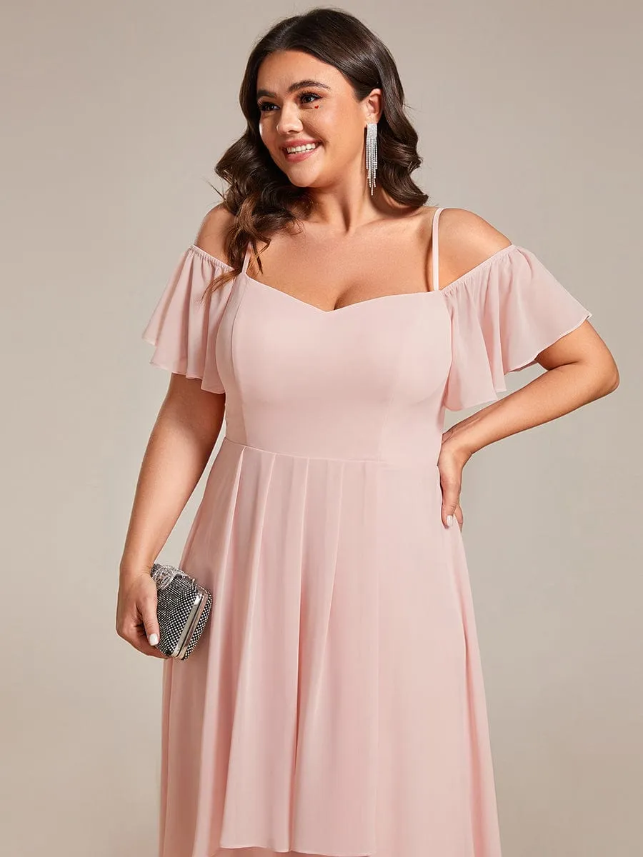 Spaghetti Strap Cold Shoulder Chiffon A-Line Midi Wedding Guest Dress