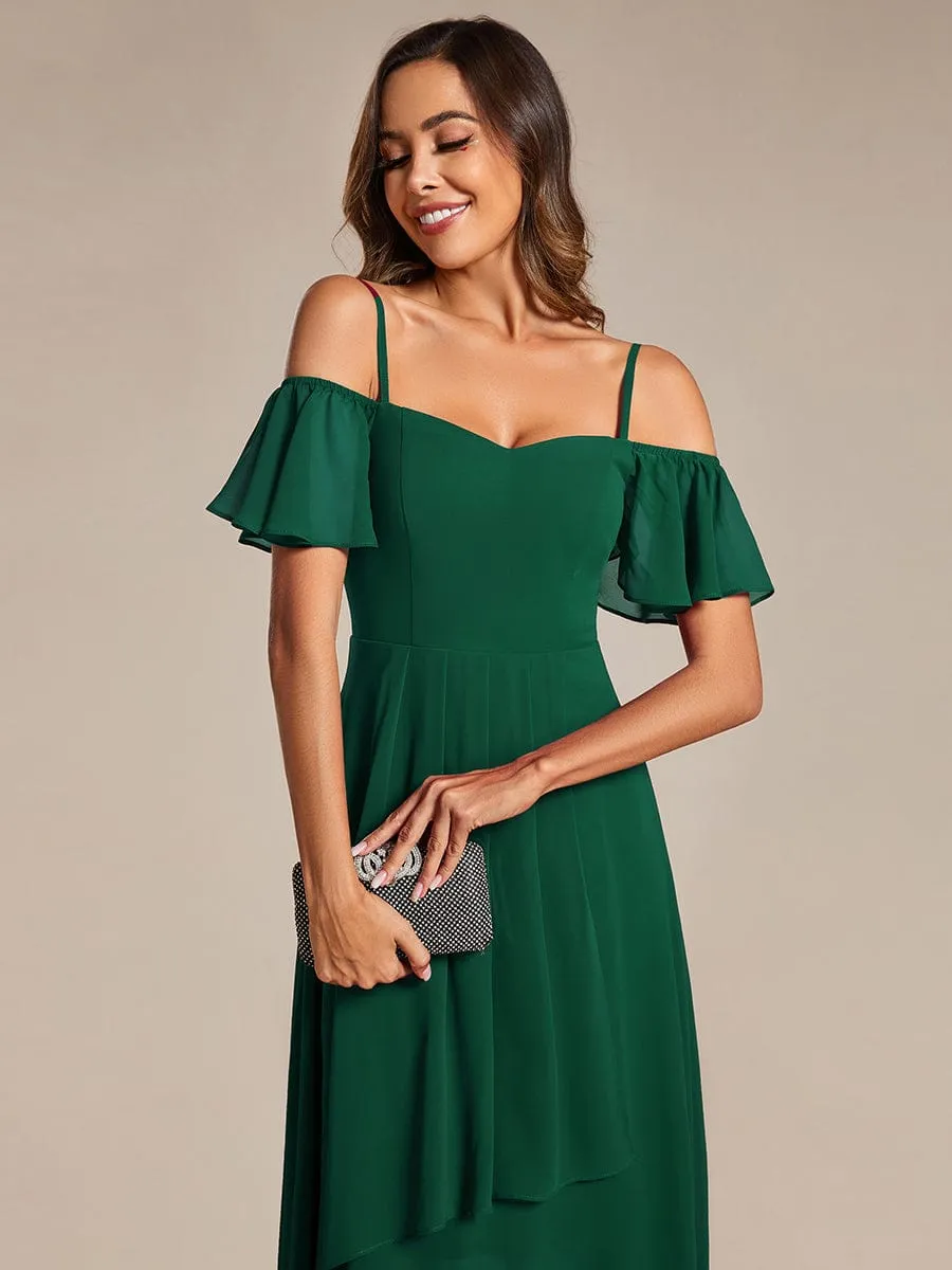 Spaghetti Strap Cold Shoulder Chiffon A-Line Midi Wedding Guest Dress