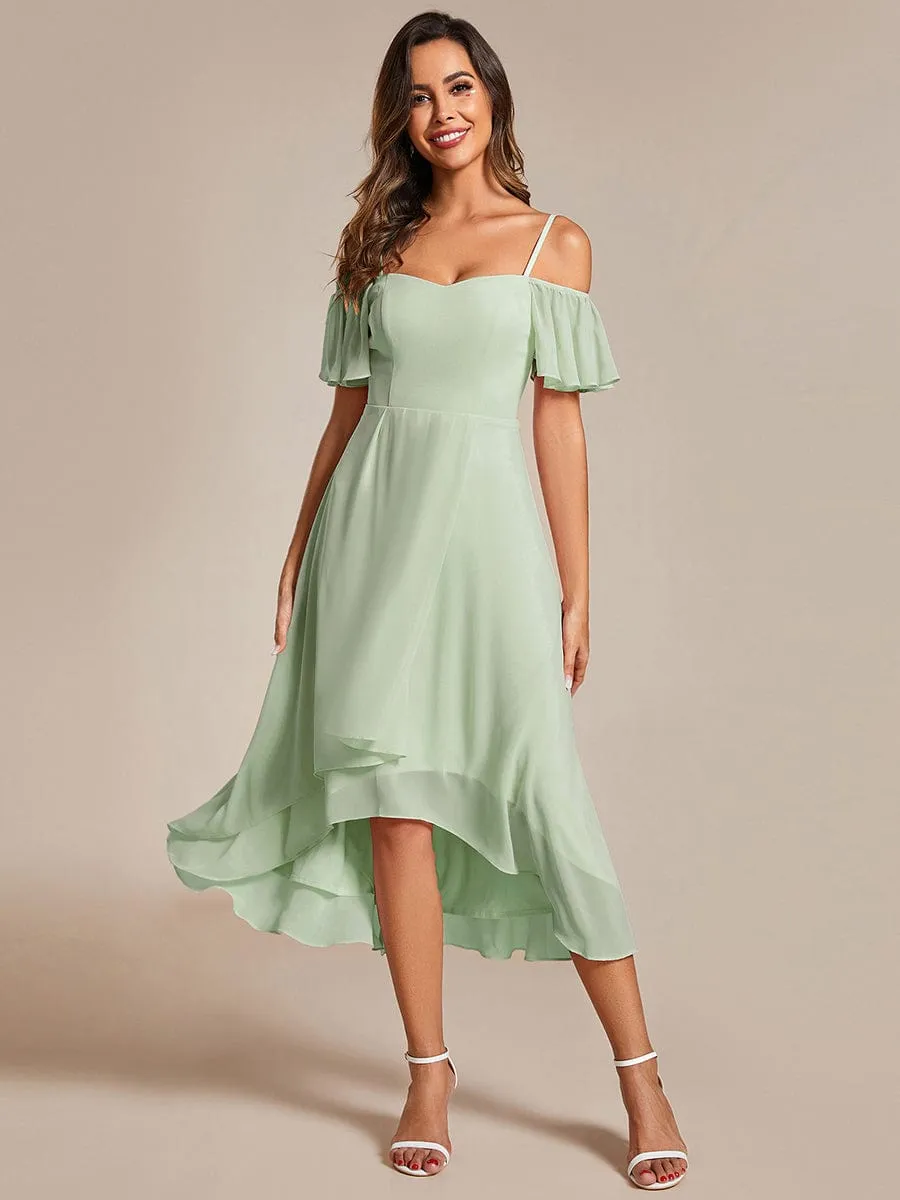 Spaghetti Strap Cold Shoulder Chiffon A-Line Midi Wedding Guest Dress