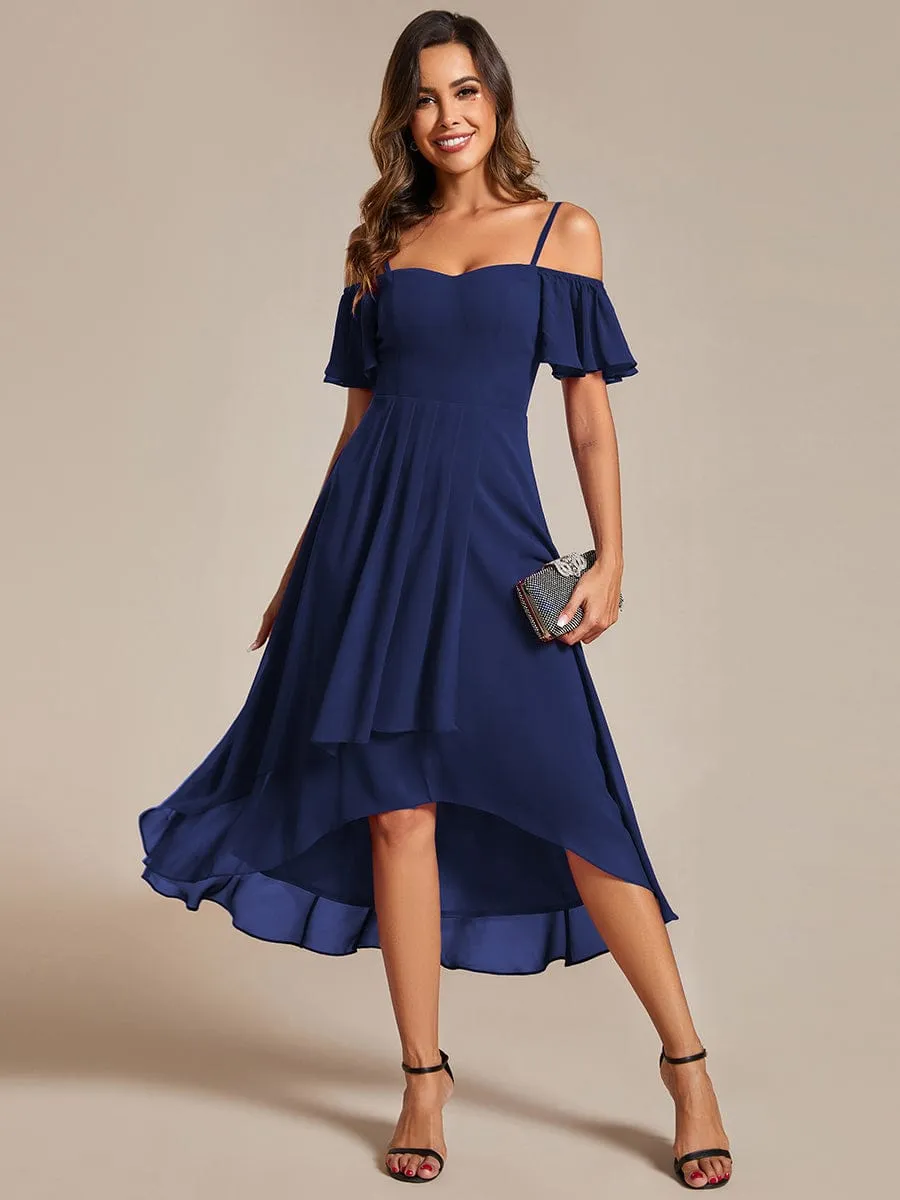 Spaghetti Strap Cold Shoulder Chiffon A-Line Midi Wedding Guest Dress