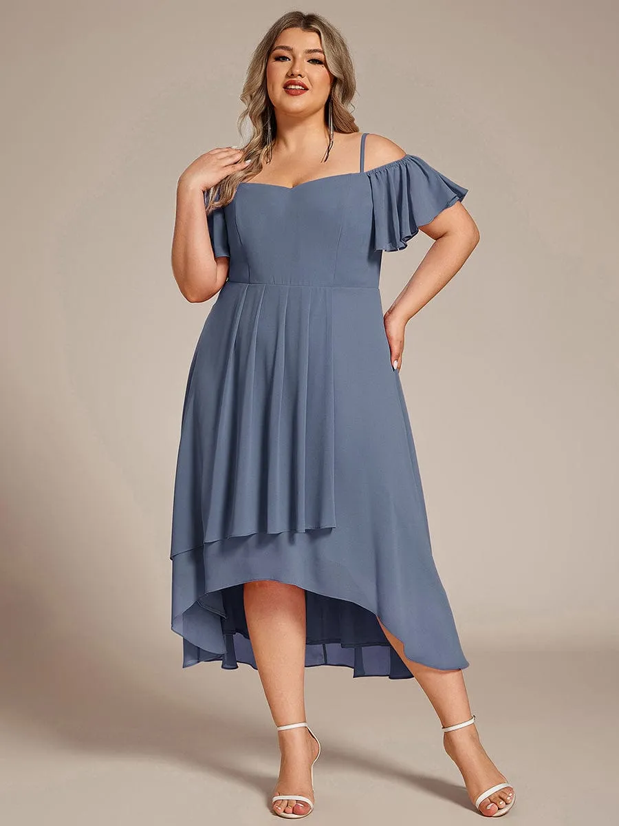 Spaghetti Strap Cold Shoulder Chiffon A-Line Midi Wedding Guest Dress