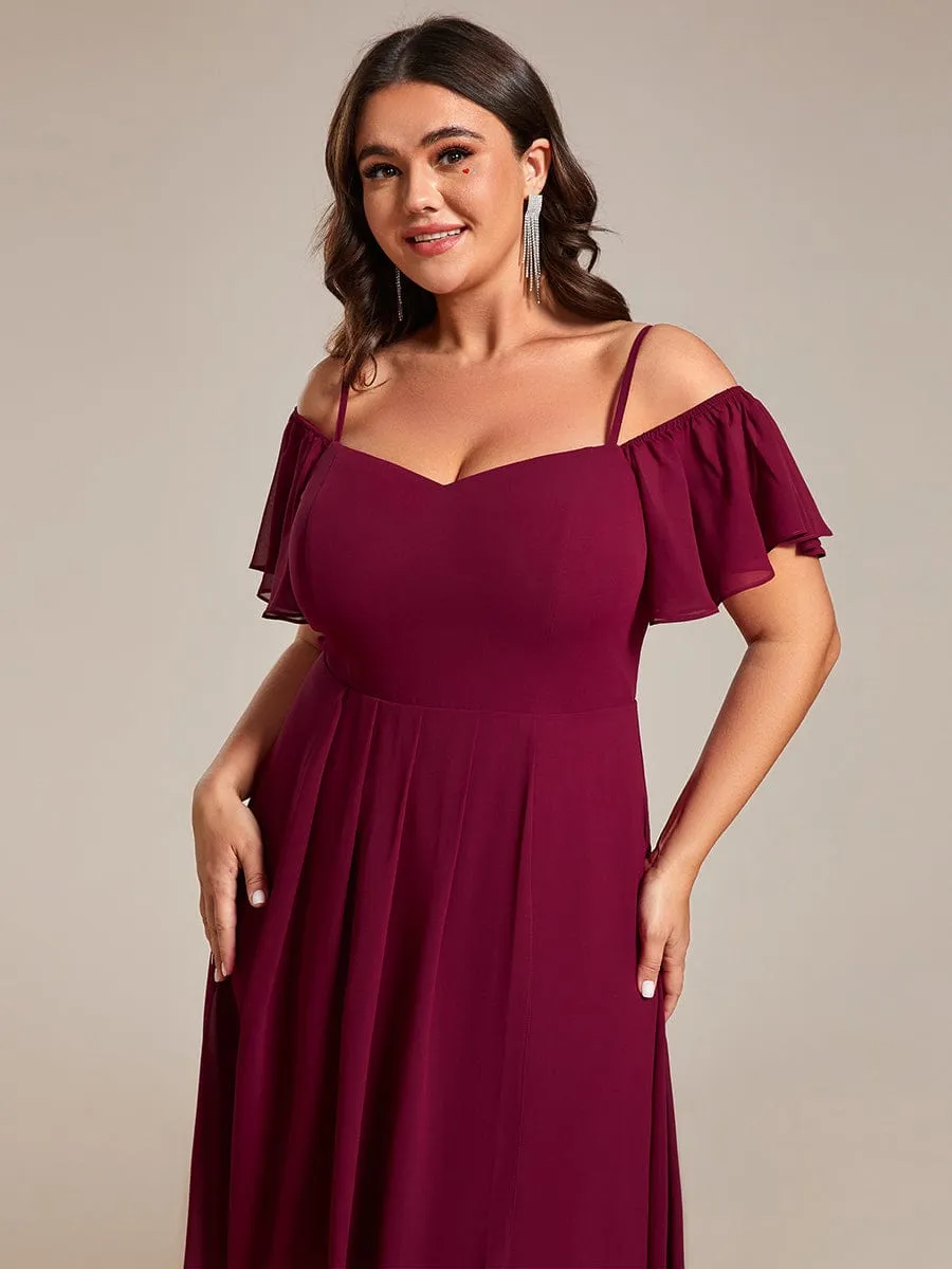 Spaghetti Strap Cold Shoulder Chiffon A-Line Midi Wedding Guest Dress