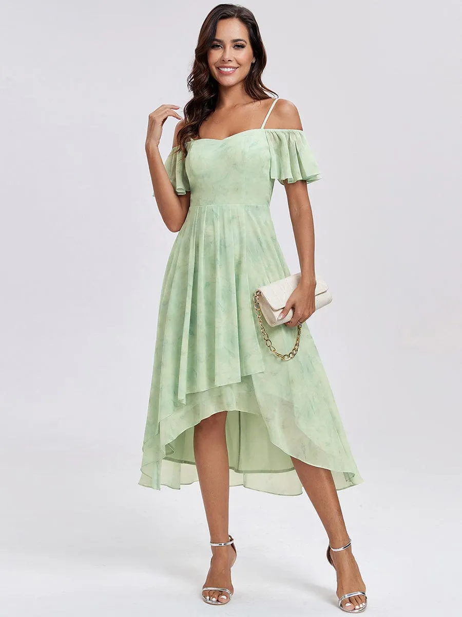 Spaghetti Strap Cold Shoulder Chiffon A-Line Midi Wedding Guest Dress