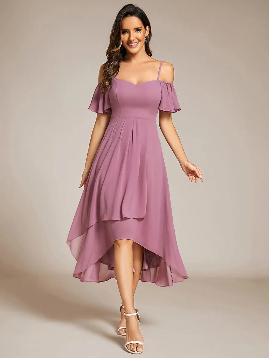 Spaghetti Strap Cold Shoulder Chiffon A-Line Midi Wedding Guest Dress