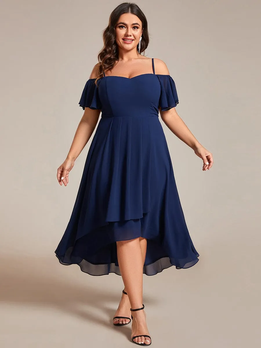 Spaghetti Strap Cold Shoulder Chiffon A-Line Midi Wedding Guest Dress