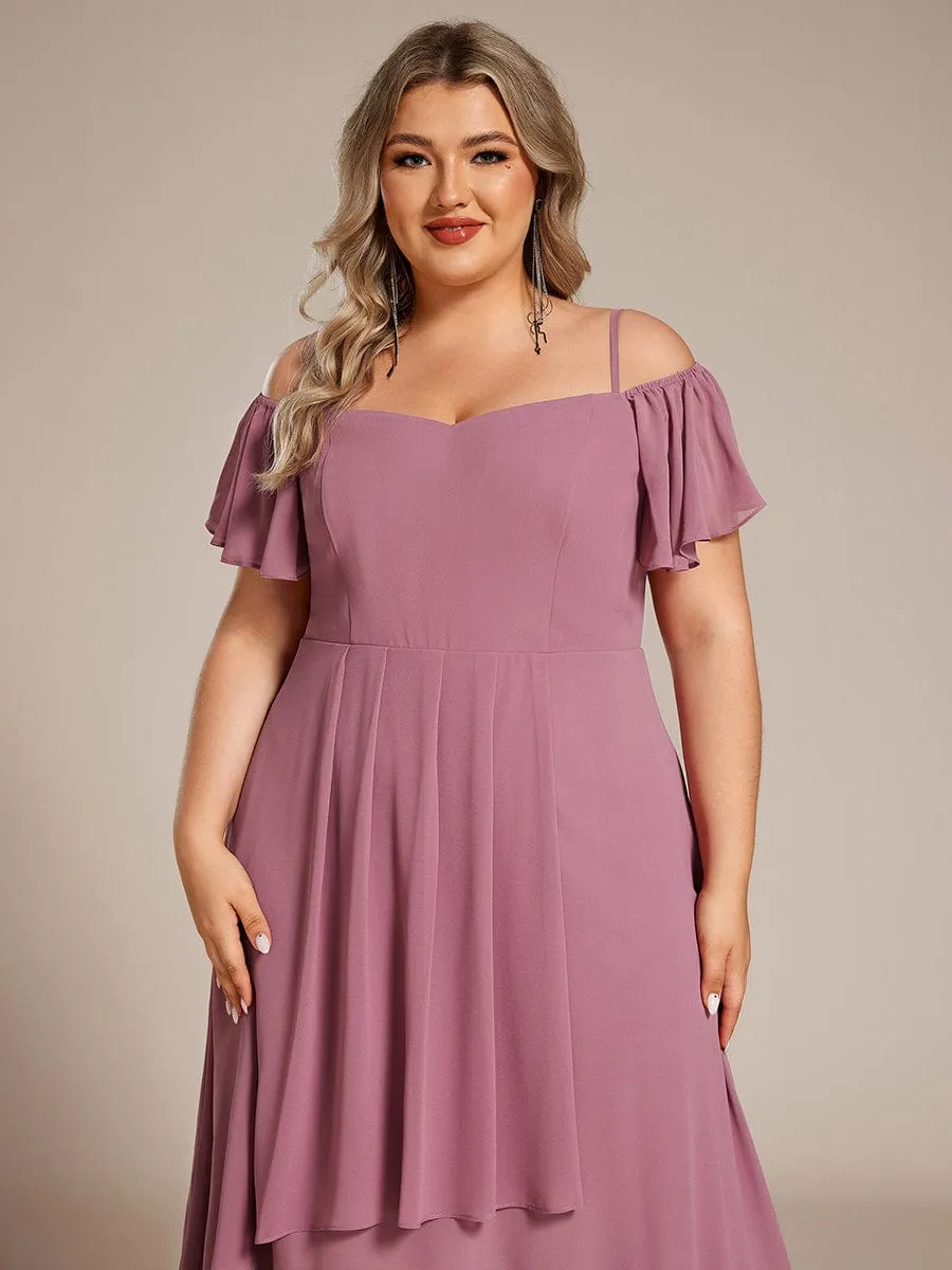 Spaghetti Strap Cold Shoulder Chiffon A-Line Midi Wedding Guest Dress