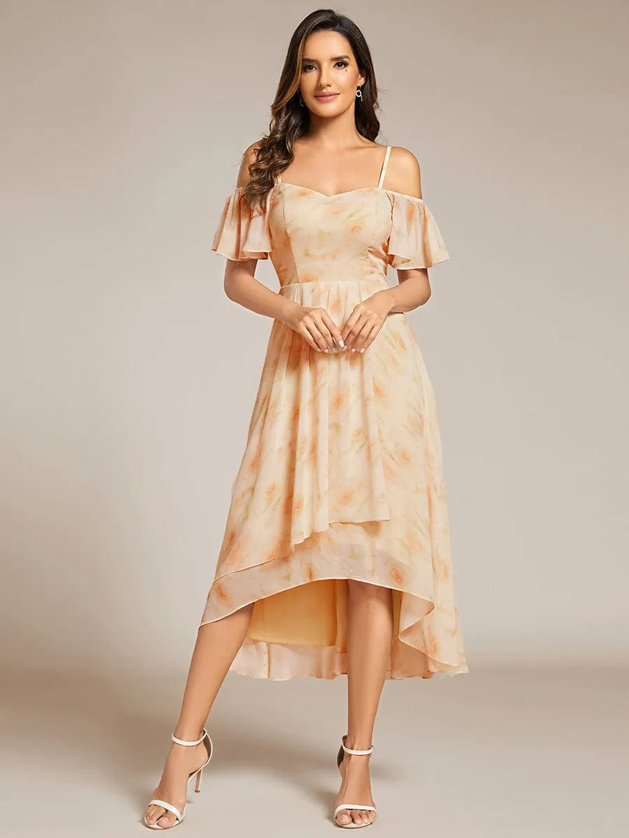 Spaghetti Strap Cold Shoulder Chiffon A-Line Midi Wedding Guest Dress