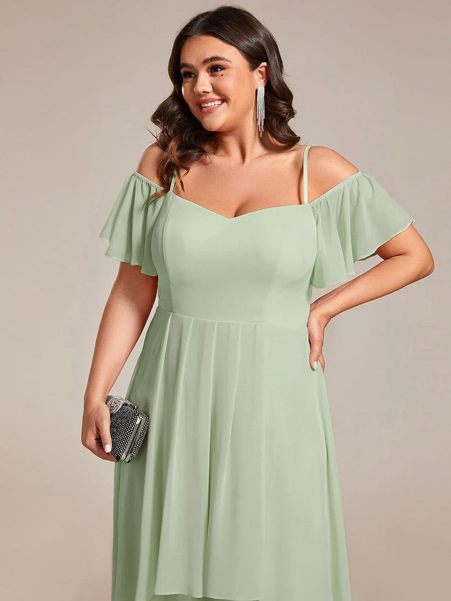 Spaghetti Strap Cold Shoulder Chiffon A-Line Midi Wedding Guest Dress