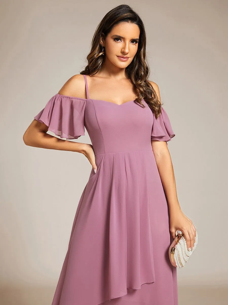 Spaghetti Strap Cold Shoulder Chiffon A-Line Midi Wedding Guest Dress