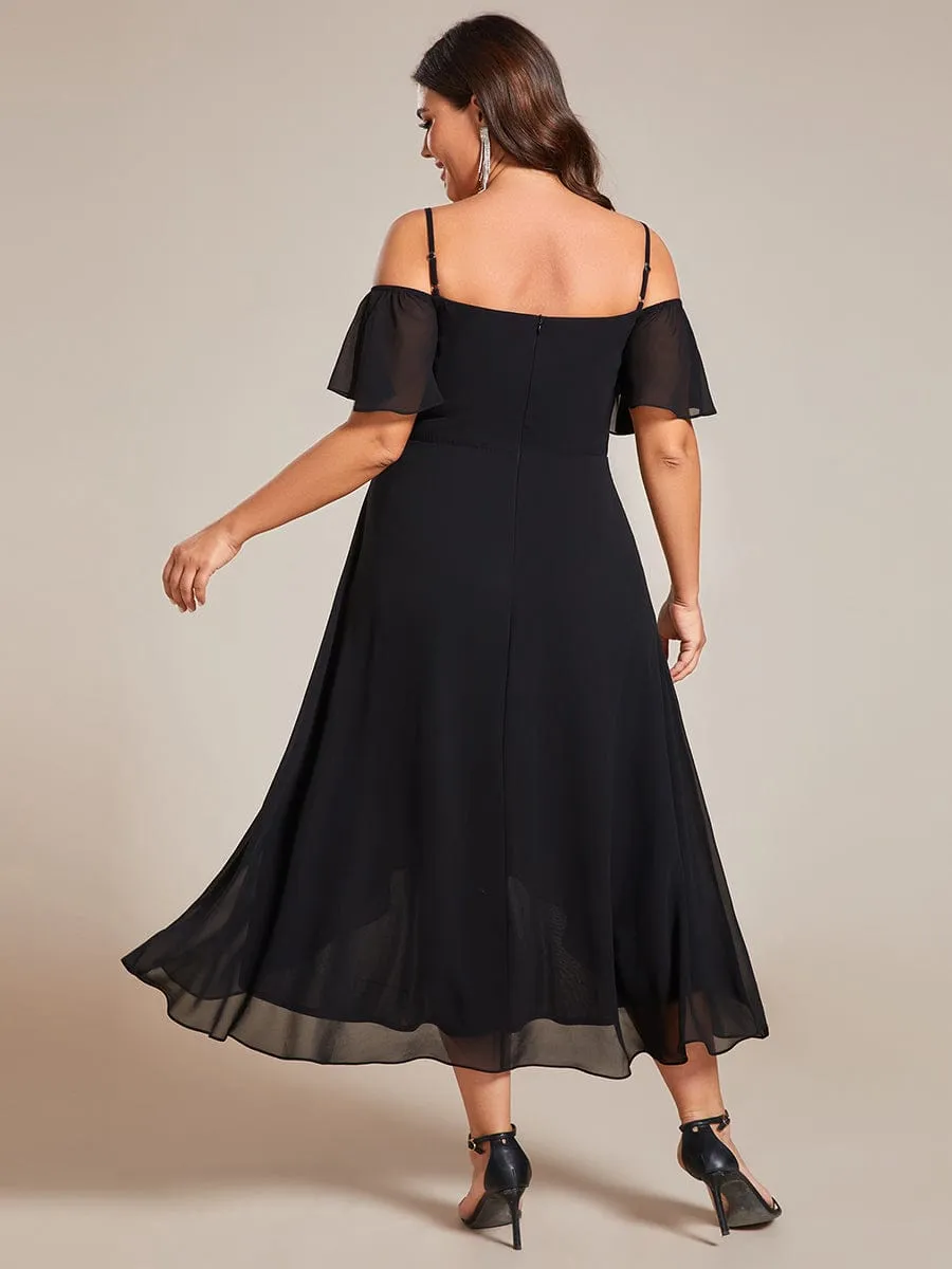 Spaghetti Strap Cold Shoulder Chiffon A-Line Midi Wedding Guest Dress