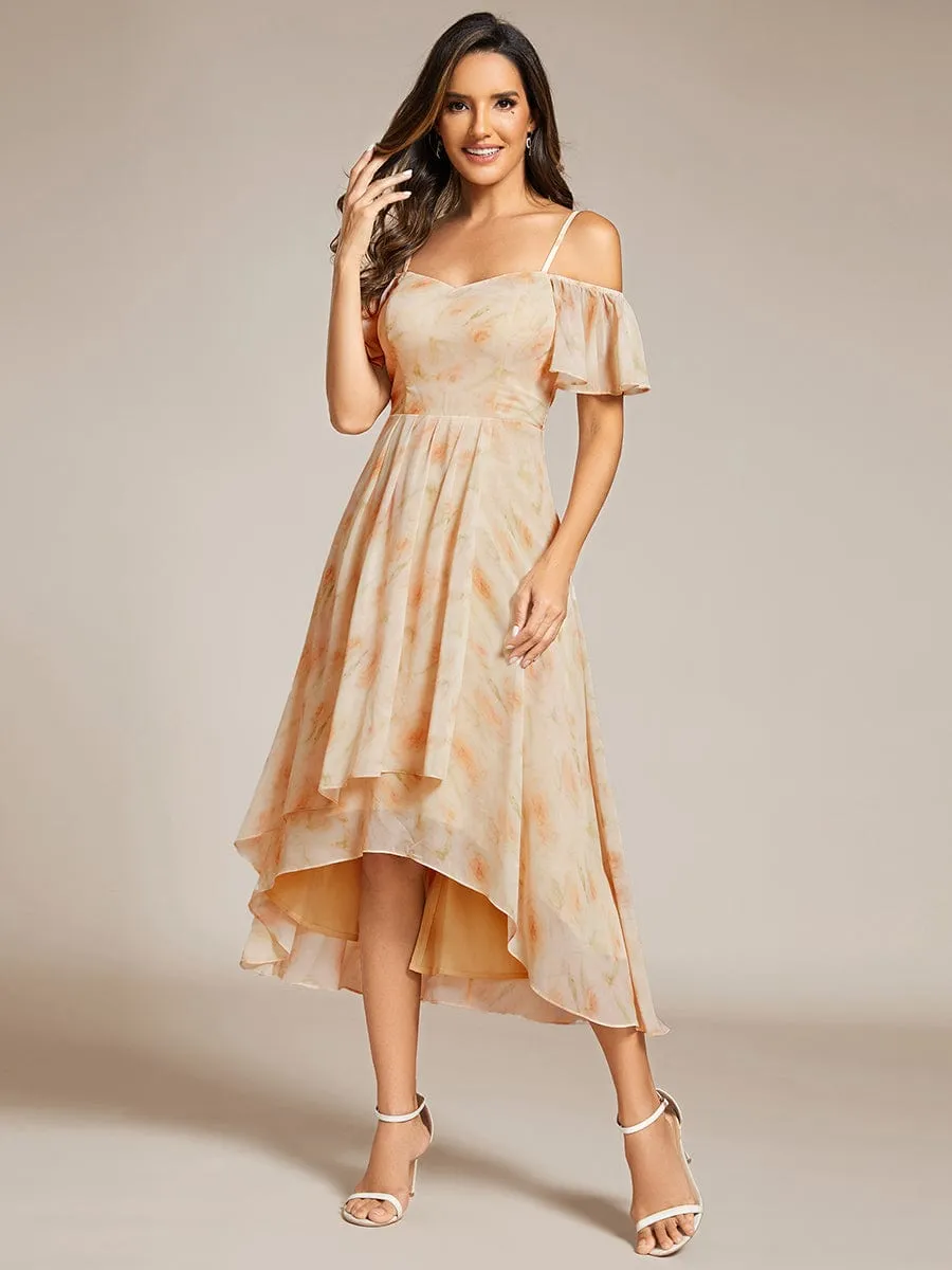 Spaghetti Strap Cold Shoulder Chiffon A-Line Midi Wedding Guest Dress