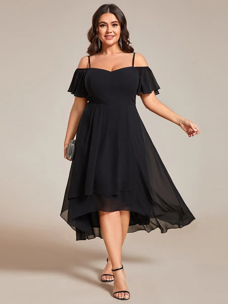 Spaghetti Strap Cold Shoulder Chiffon A-Line Midi Wedding Guest Dress