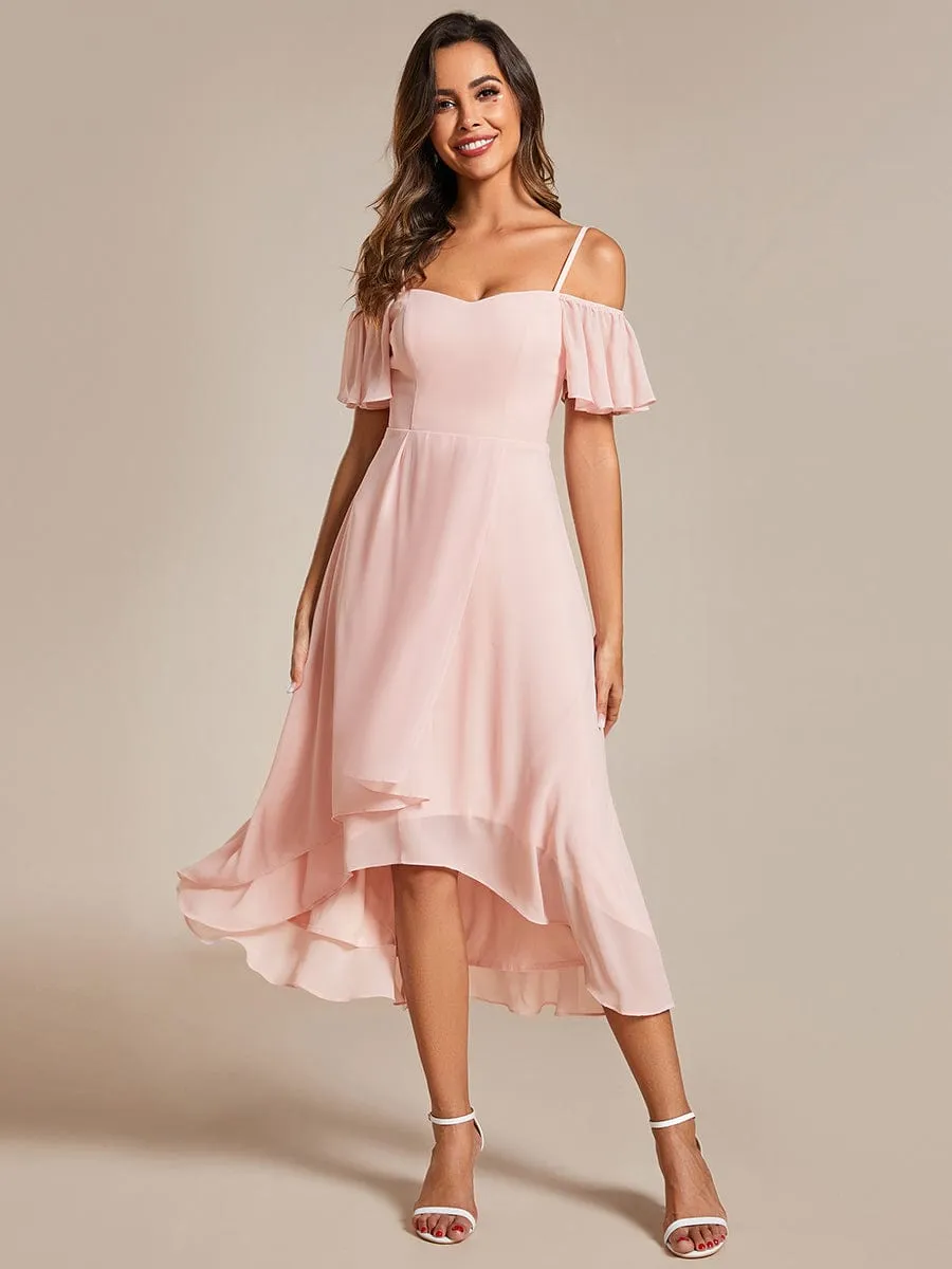 Spaghetti Strap Cold Shoulder Chiffon A-Line Midi Wedding Guest Dress