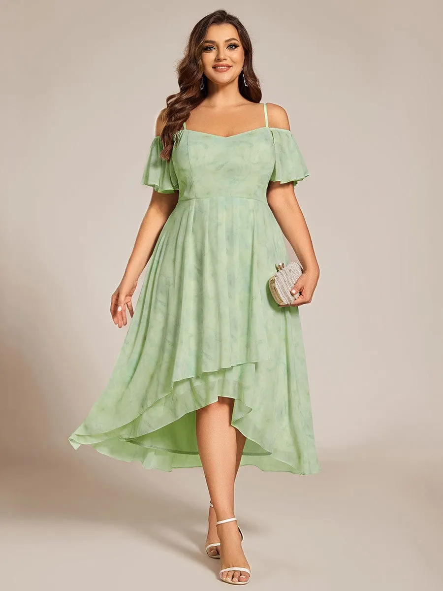 Spaghetti Strap Cold Shoulder Chiffon A-Line Midi Wedding Guest Dress