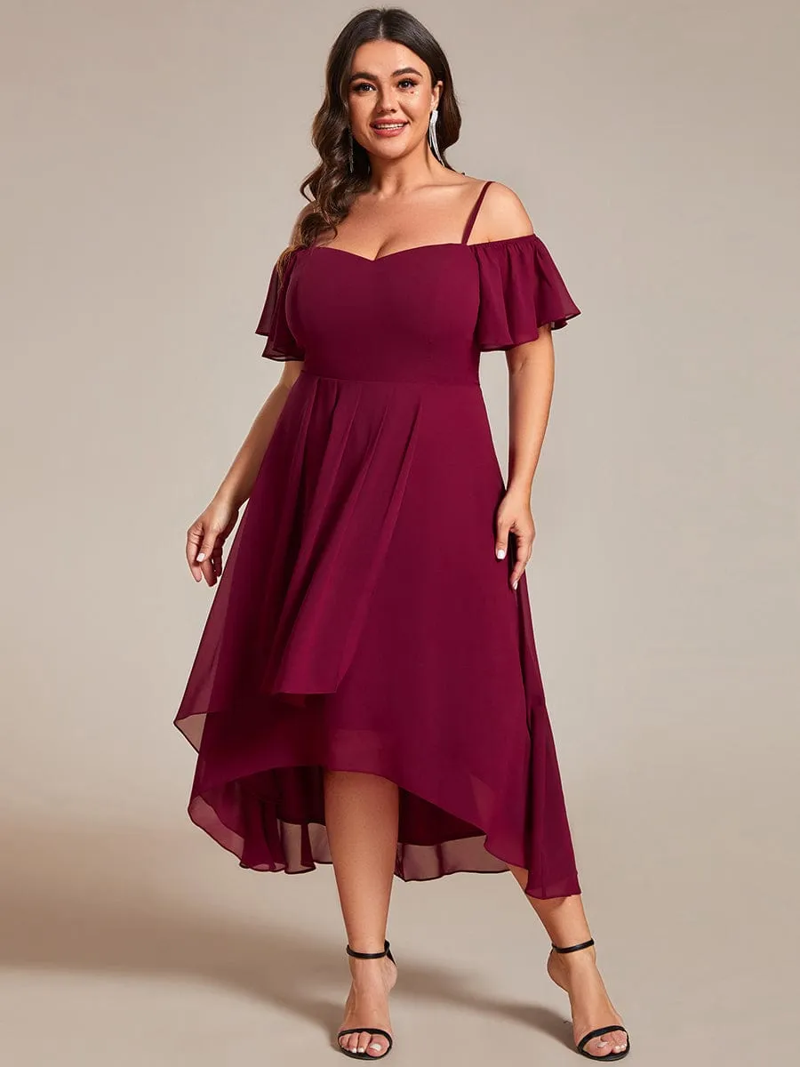 Spaghetti Strap Cold Shoulder Chiffon A-Line Midi Wedding Guest Dress