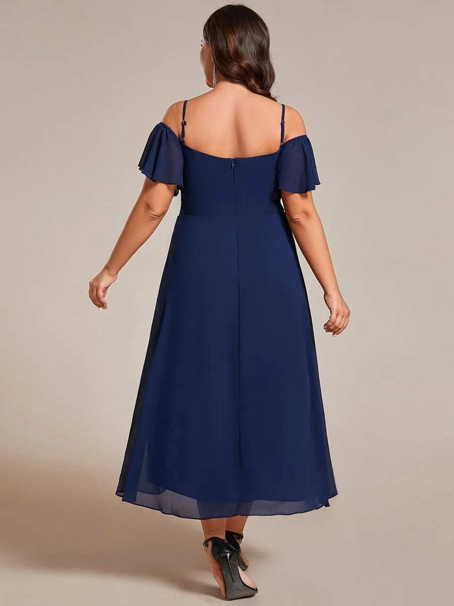 Spaghetti Strap Cold Shoulder Chiffon A-Line Midi Wedding Guest Dress