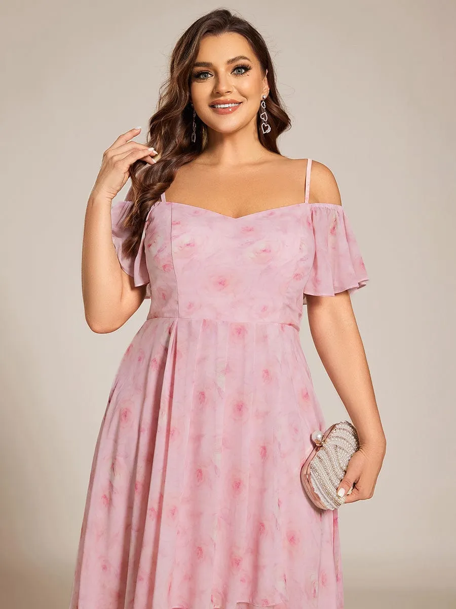 Spaghetti Strap Cold Shoulder Chiffon A-Line Midi Wedding Guest Dress