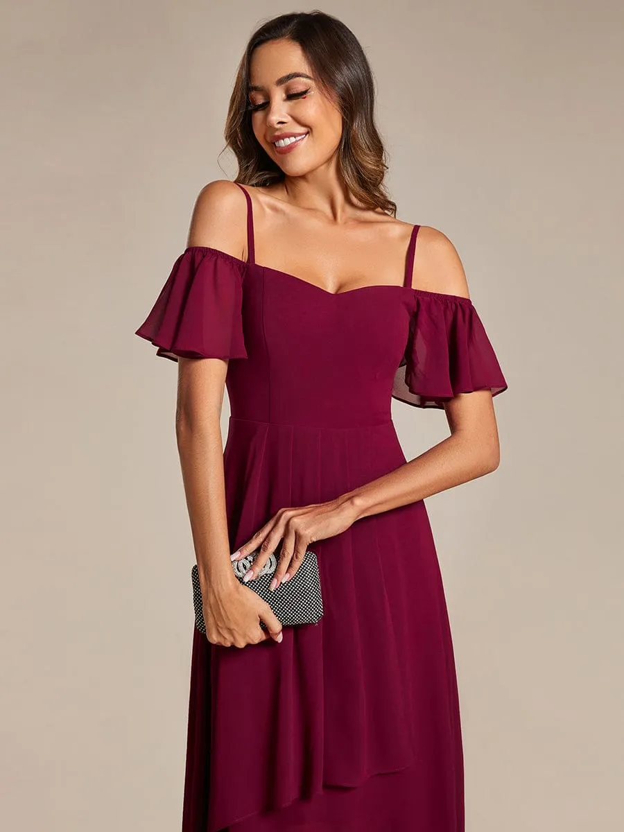 Spaghetti Strap Cold Shoulder Chiffon A-Line Midi Wedding Guest Dress