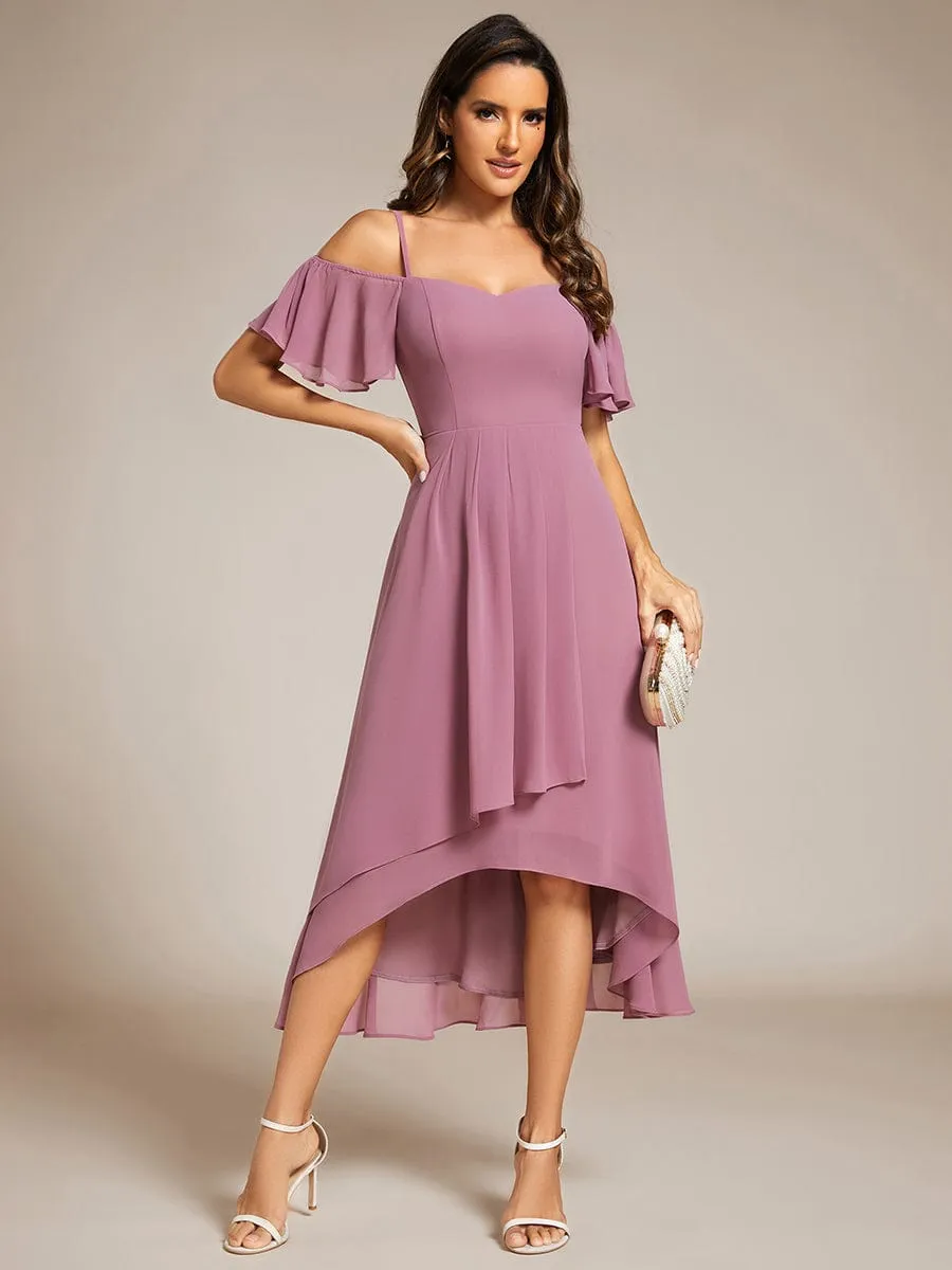 Spaghetti Strap Cold Shoulder Chiffon A-Line Midi Wedding Guest Dress