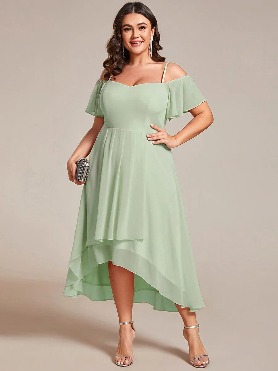 Spaghetti Strap Cold Shoulder Chiffon A-Line Midi Wedding Guest Dress