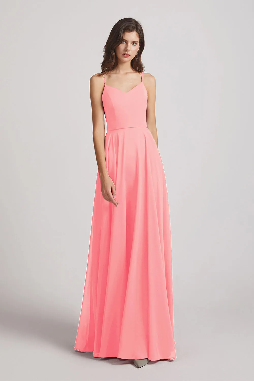 Spaghetti Straps Chiffon A-Line Long Bridesmaid Dresses (AF0110)