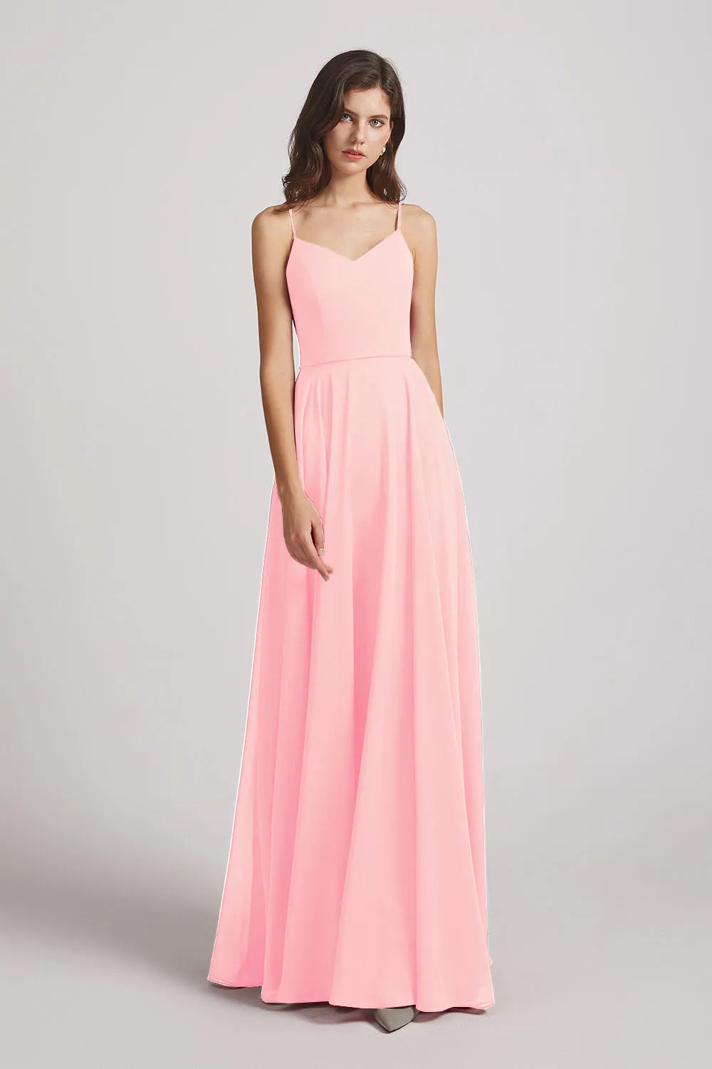 Spaghetti Straps Chiffon A-Line Long Bridesmaid Dresses (AF0110)