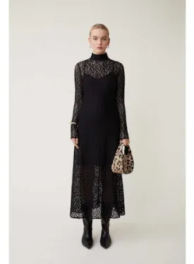 Suncoo Black Lace Midi Dress with Long Sleeve H24C03288 Robe Ciara