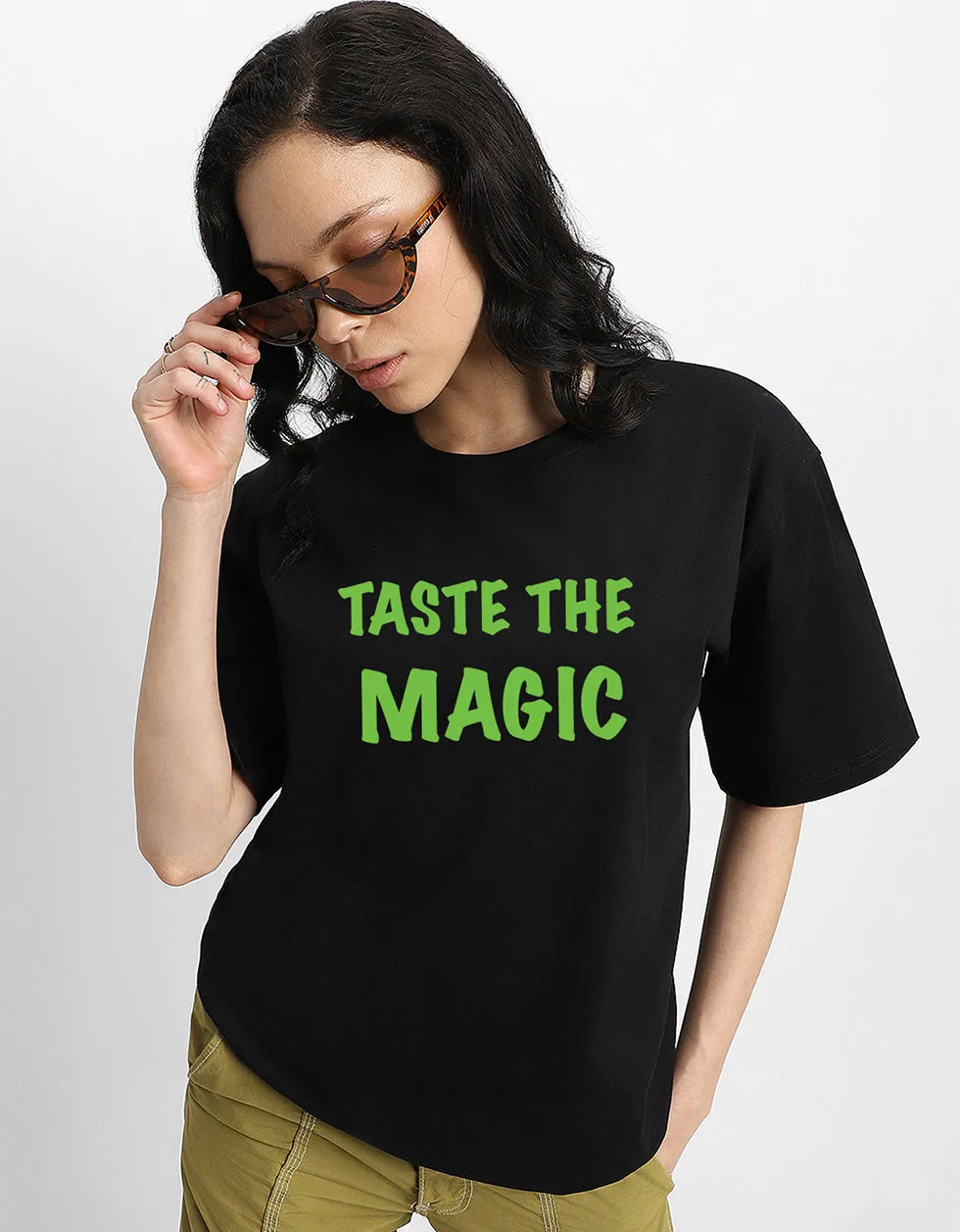 TASTE OF MAGIC Women Black Oversized Tshirt